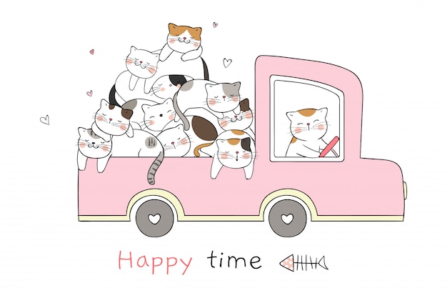 Draw cat sleeping in pink pastel car so happy.