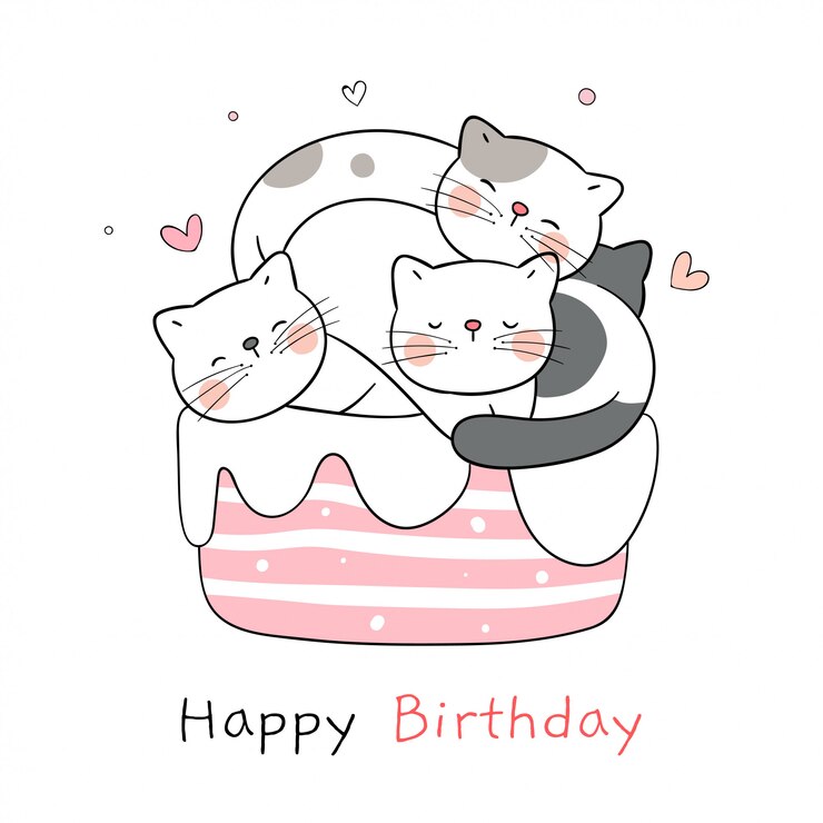 Vector 誕生日に甘いケーキで寝ている猫を描きます。