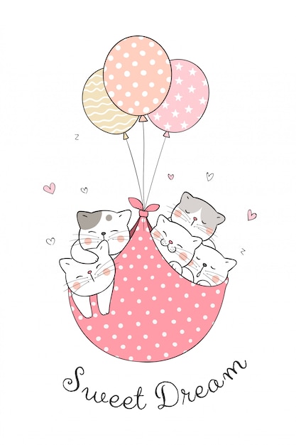 Draw cat sleeping with sweet balloon.