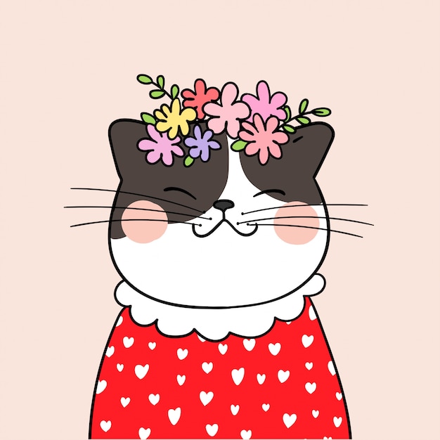 Draw cat with beauty flower on head pink pastel background