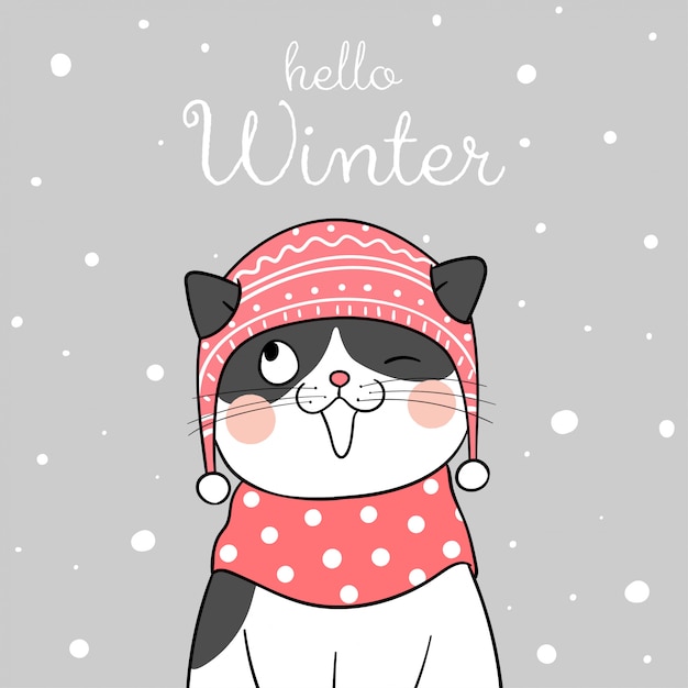 Draw cat with beauty scarf in snow for christmas.