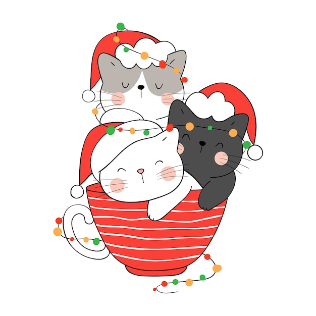 Vector draw cat with christmas light in red cup for new year and winter.