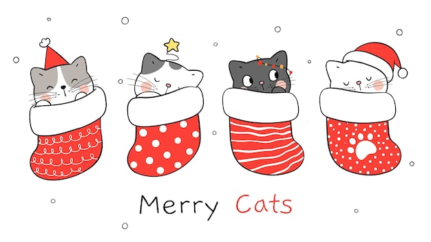 冬の新年のためにクリスマスの靴下に猫を描きます。