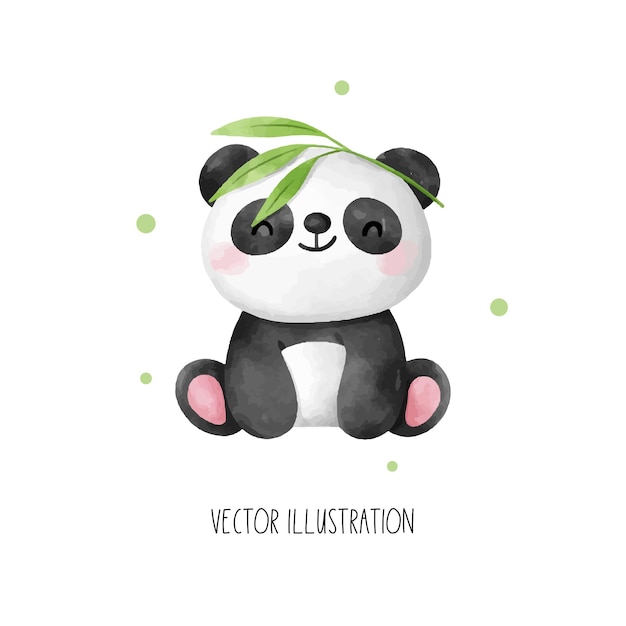 Вектор Нарисуйте персонажа милую панду с листьями бамбука на голове. детский день рождения в акварельном стиле.