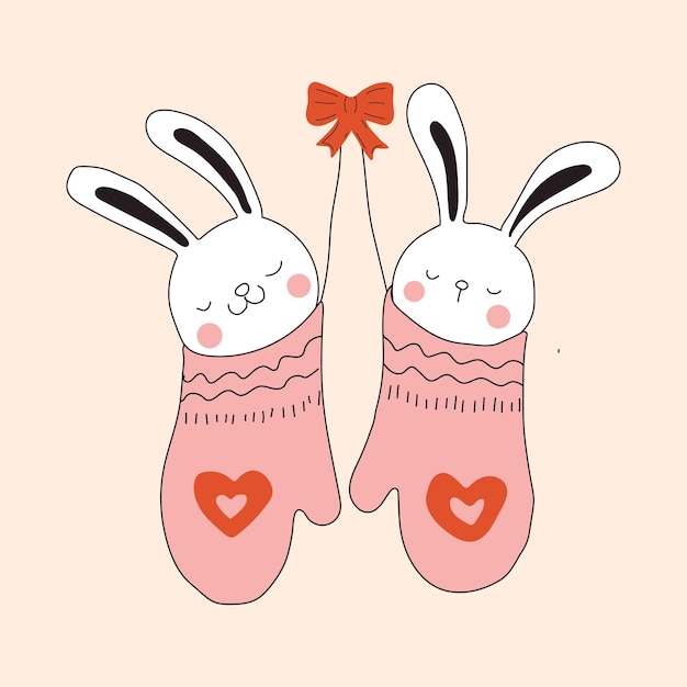 Draw character cute rabbits sleep in Christmas sock for Christmas day and new year.