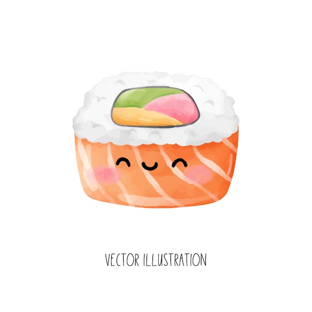 Draw character cute sushi roll cartoon watercolor style