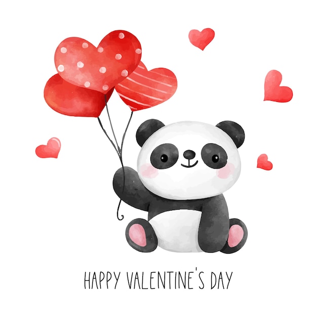 Disegna il design del personaggio simpatico panda con palloncino a cuore rosso per il giorno di san valentino stile acquerello