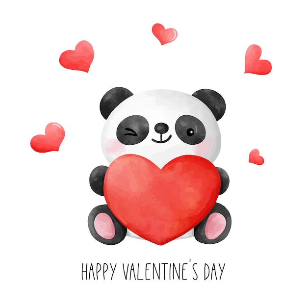 Draw character design panda with red heart for valentine day watercolor style