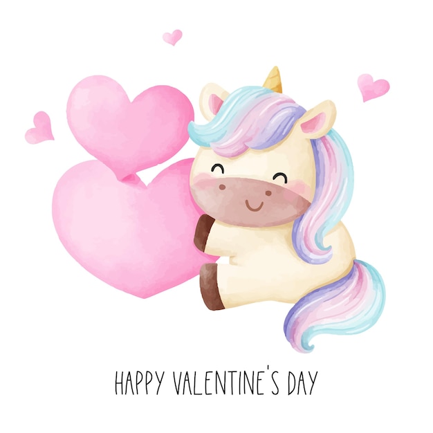 Disegna il design del personaggio unicorno con cuore rosa per il giorno di san valentino stile acquerello