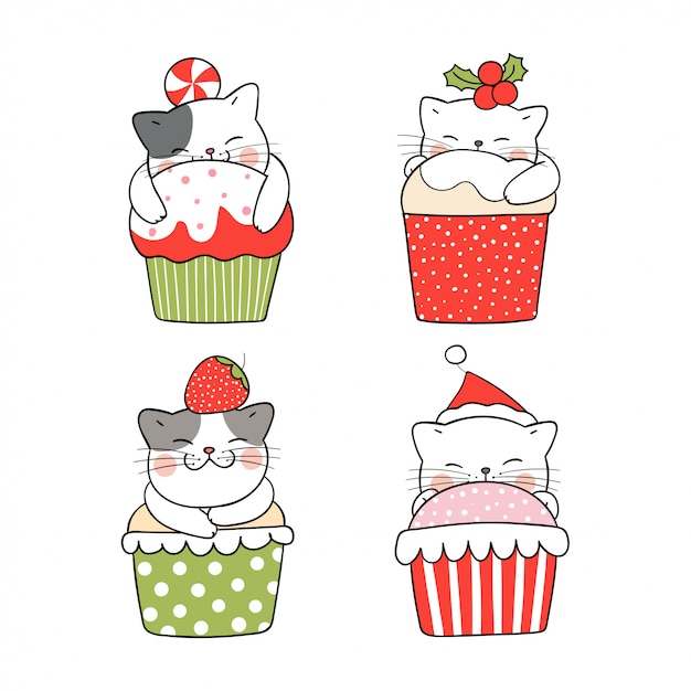 Disegna il gatto della raccolta che dorme in cupcake per il giorno di natale.