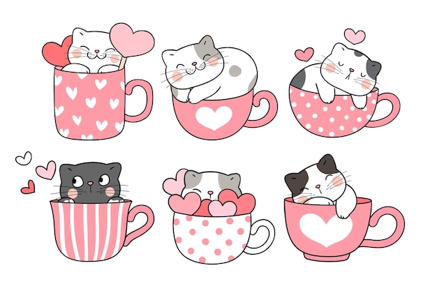 Draw collection cat in sweet coffee cup for valentines day