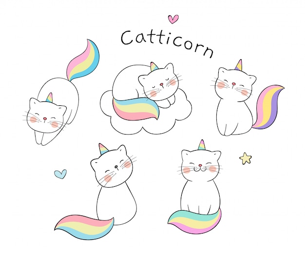 Draw collection caticorn on white doodle cartoon style.