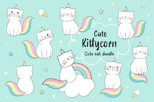 Vector draw collection cute cat kittycorn concept.