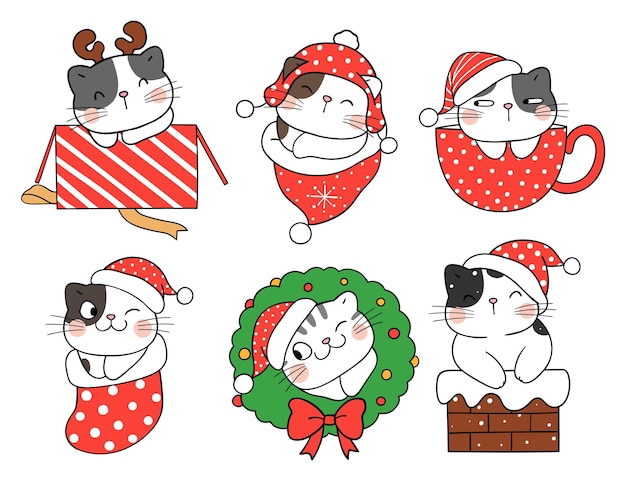 Draw collection cute cats for christmas and new year