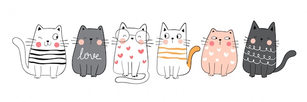 画收集滑稽可爱的猫。涂鸦卡通风格。
