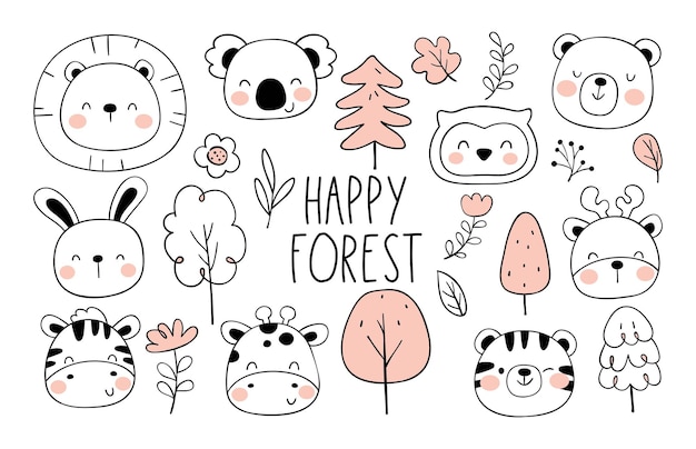 Draw collection happy forest animals doodle cartoon style