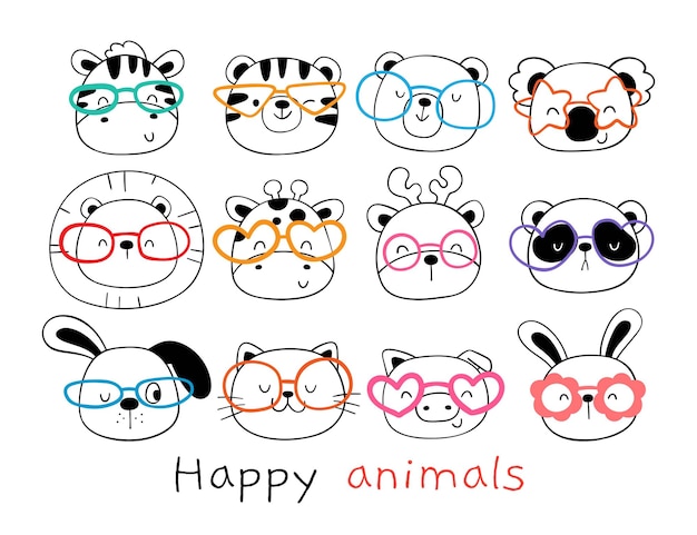 Draw collection happy forest animals with glasses