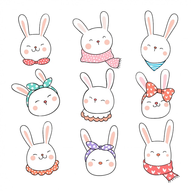 Vector draw collection head of rabbit on white