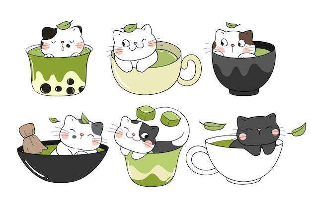 Нарисуйте коллекцию маття кошек в чашке Концепция зеленого чая