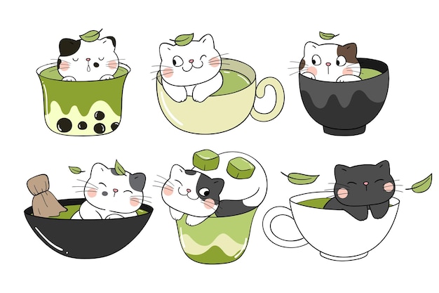 Draw collection matcha cats in cup green tea concept