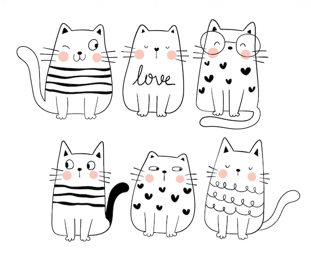 Vector draw collection sketch funny cat.doodle cartoon style.