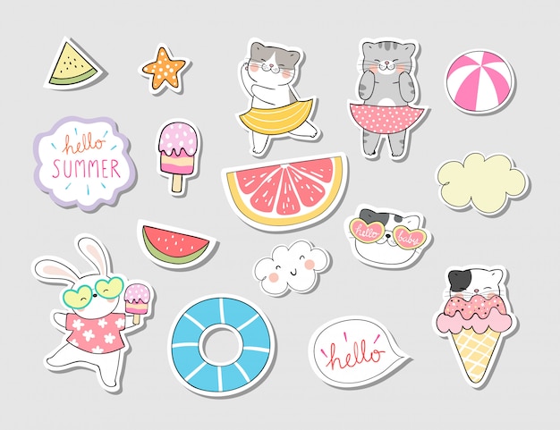 Vector draw collection stickers cat in summer concept.