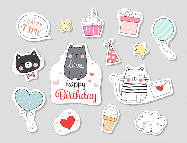 Draw collection stickers cat with happy birthday concept.