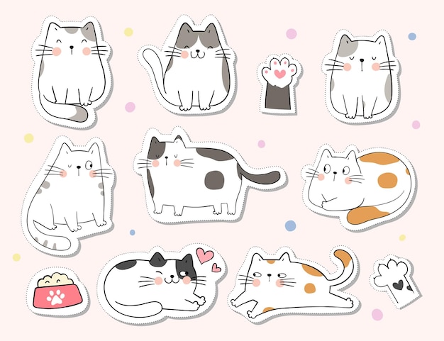 벡터 수집 스티커 그리기 귀여운 고양이 인쇄용