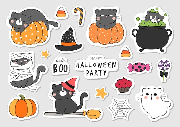 Draw collection stickers cute cat for halloween