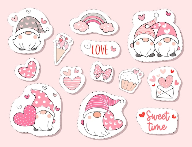 Draw collection stickers cute gnome in valentine concept.