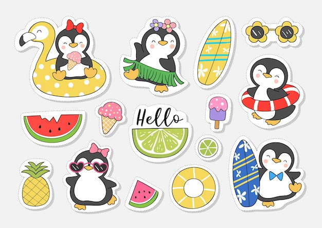 Draw collection stickers cute penguin for summer