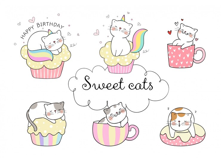 Vector 白い色のコレクションの甘い猫を描きます。