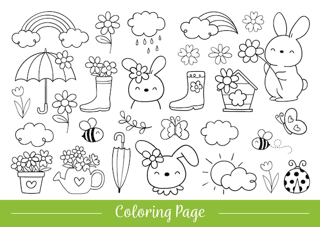 봄 시즌에 꽃으로 색칠 페이지 토끼를 그립니다.
