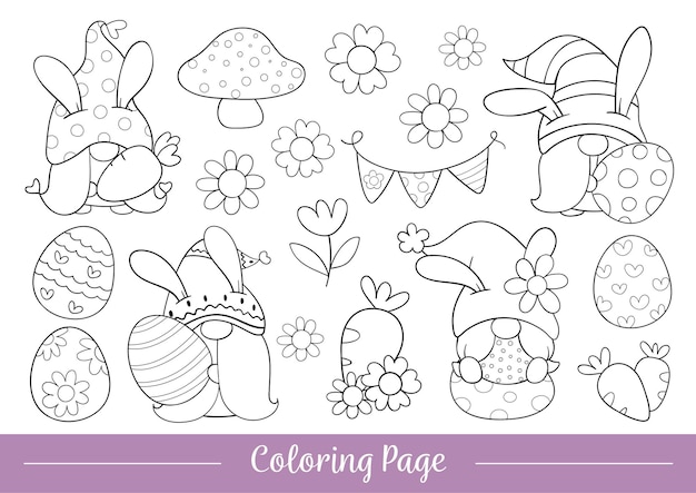 Draw coloring page cute gnome for Easter and spring