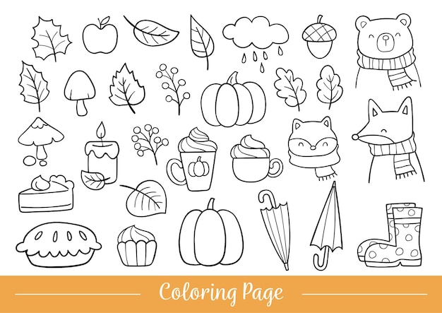 Нарисуйте раскраску страницы каракули наброски осень для осеннего сезона