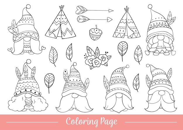 Draw coloring page tribal gnome Doodle cartoon style