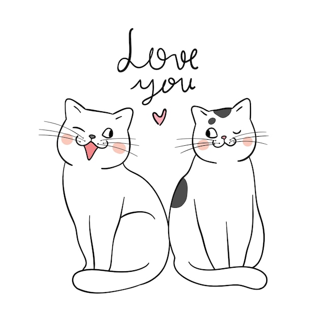 Draw couple of cat and word love you Doodle style