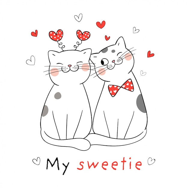 Disegna l'amore di coppia del gatto con cuoricino rosso per san valentino.