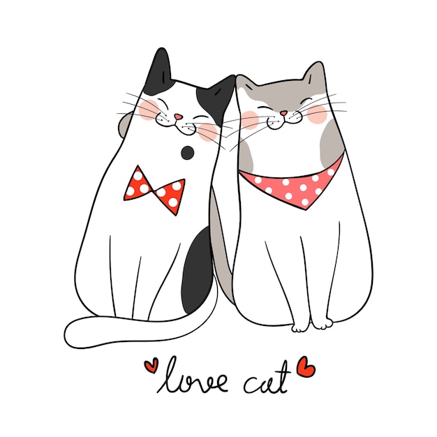 Draw couple love of cat with word love cat