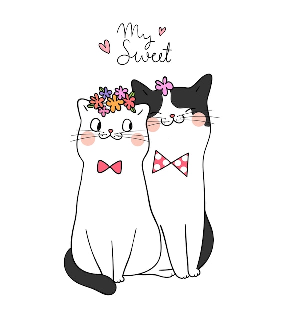 Draw couple love of cat with word my sweet doodle style