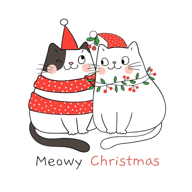 Draw couple love fo cat with a mistletoe for christmas and new year