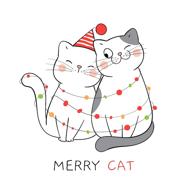 正月とクリスマスに猫のカップルの愛を描きます。