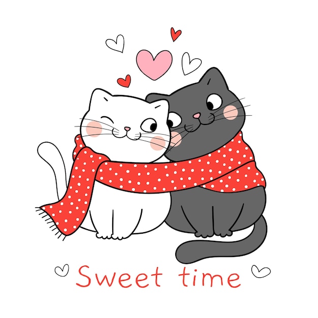발렌타인 데이에 작은 마음으로 고양이의 커플 사랑을 그립니다.