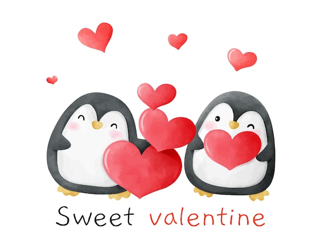 Draw couple love penguins with red heart for valentine