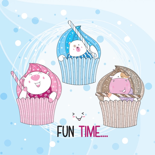 Vector draw cute animal in cupcake