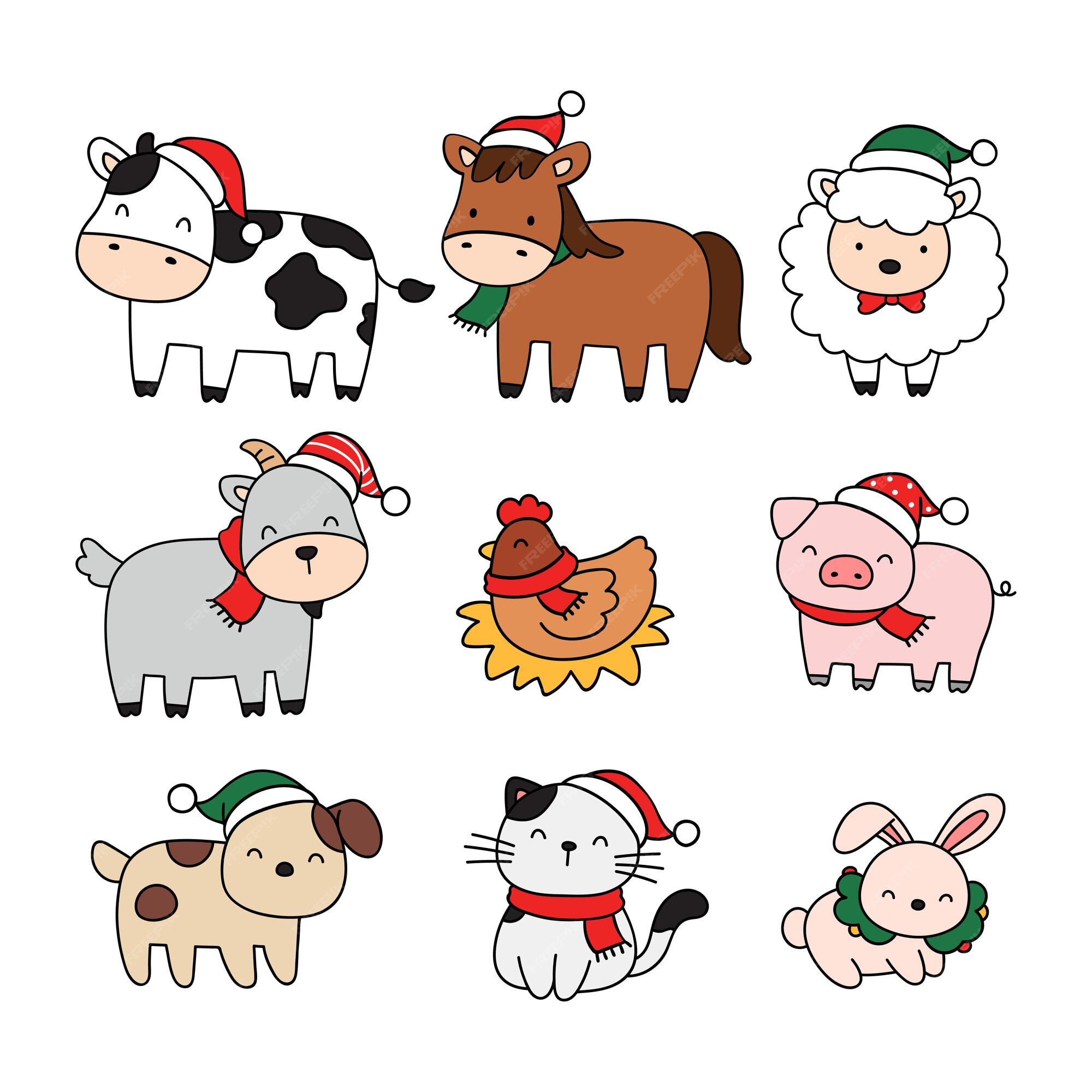 Premium Vector | Draw cute animals farm for winter christmas