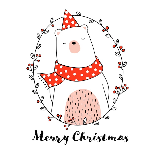 Draw cute bear in wreath for christmas day