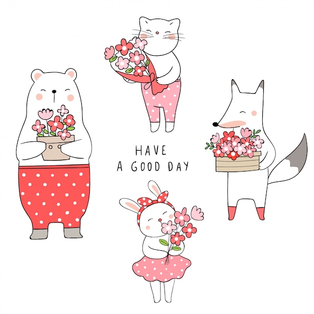 Нарисуйте милый кот медведь кролик и лиса, держа цветок концепции весна.