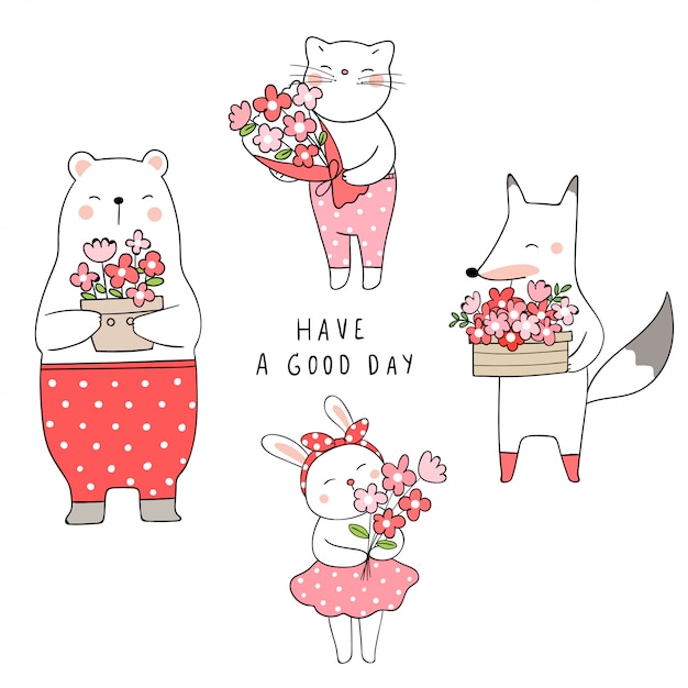 Draw cute cat bear rabbit and fox holding flower Spring concept.