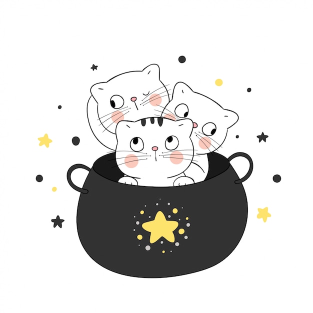 Draw cute cat in magical cauldron.for halloween.